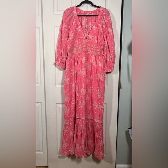 Free People Golden Hour Maxi Dress Coral Pink Boho Smocked XL NWT
